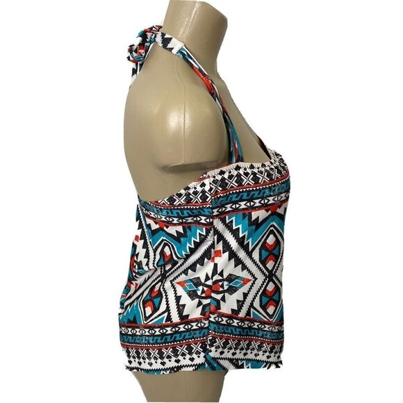 BECCA Tankini Top Womens size Large Bra Shelf Padding Southwest Design Blue Red - Picture 6 of 11